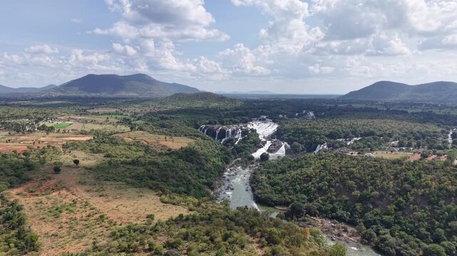 Aerial View of Barachukki Falls Cascading on Cauvery River Karnataka India