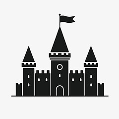 Obraz premium Black castle silhouette with towers and flag, representing medieval architecture and fairytale themes. Useful for designs related to fantasy, history, or children's illustrations.