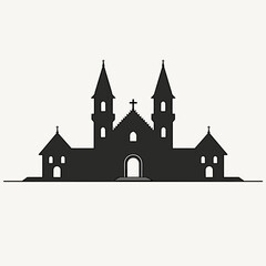Obraz premium Silhouette of classic gothic church with twin spires and arched entrance. Represents themes of spirituality, architecture, and cultural heritage.