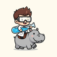 A cartoon depiction of a lab-coated character riding a hippo while holding a beaker. The hippo is smiling
