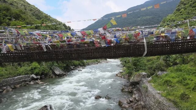 Aerial View of Chagzam Suspension Bridge Over Mountain River Arunachal Pradesh India
