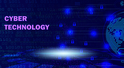 Cyber technology digital background with data security locks and global network globe banner