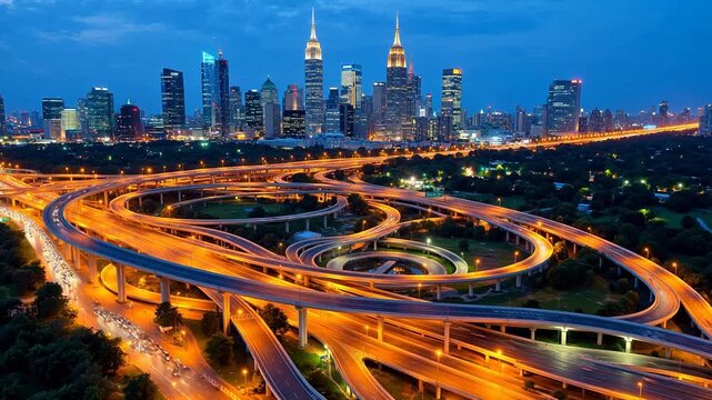 Nighttime cityscape with illuminated highway interchange