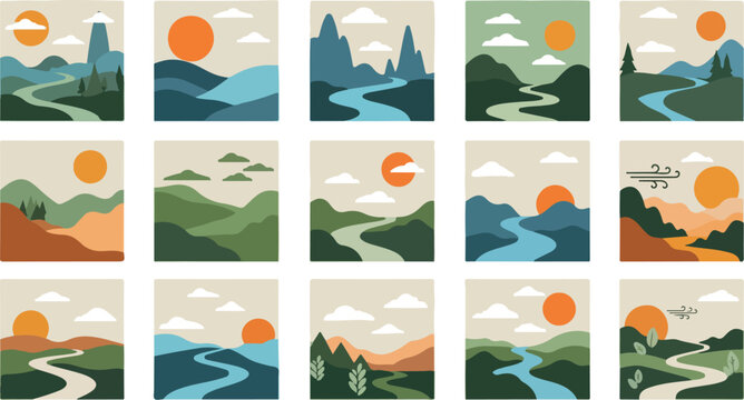 Set of 20 landscape icons vector, scenic views, sunsets