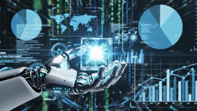 Robotic hand holds glowing energy cube surrounded by digital data and graphs, showcasing technological advancement in a futuristic environment with binary code