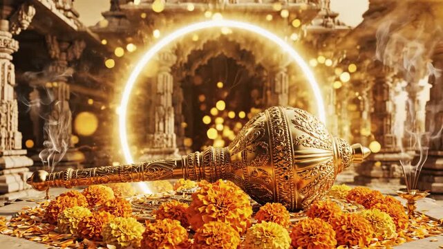 A golden, ornate hanuman gada glows with a divine halo, surrounded by marigolds in an ancient temple, celebrating jayanti.