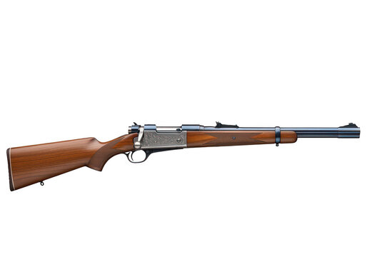 A rifle with a wooden stock and metal barrel isolated on transparent background