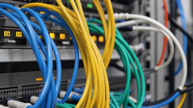 Close-up of colorful network cables connected to server rack equipment.