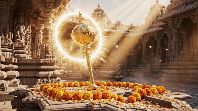 A spiritual golden gada glows with marigolds in an ancient temple, celebrating hanuman jayanti.