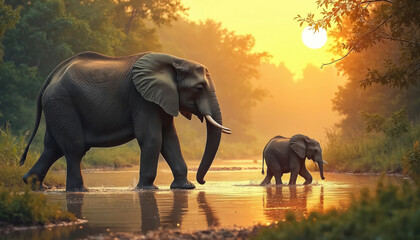 Fototapeta premium Mother elephant, baby walk through water at sunrise. Large mammal family strolls along shallow river in nature. Gentle giants explore jungle during golden hour. Wild herd crosses stream in warm light.