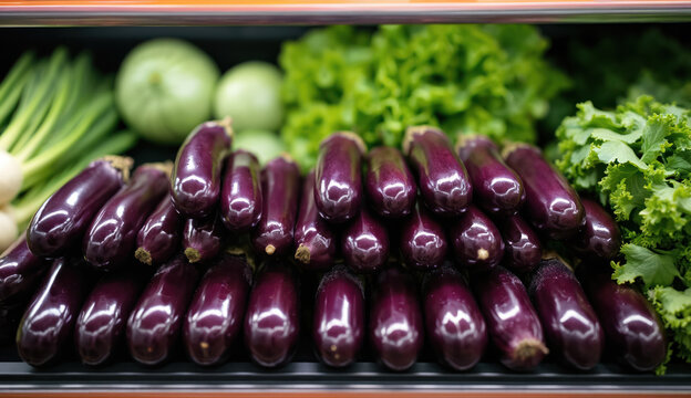 Fresh eggplants and leafy greens display at grocery store shelf. Colorful vegetables arranged for sale in supermarket produce section. Healthy food products piled for customers to choose.