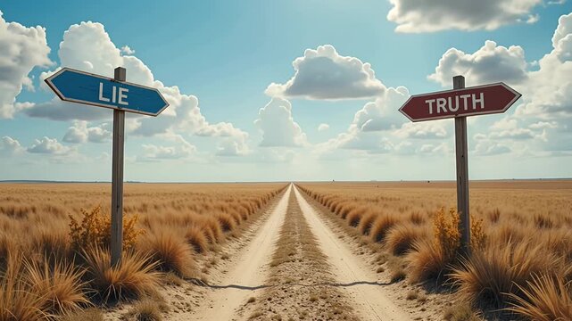 crossroads lie and truth signs along dirt road in golden field under blue sky