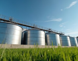 Modern industrial silos for storing liquids like wine or grain stand in row under clear blue sky. Stainless steel tanks with walkways reflect sunlight creating agricultural or manufacturing scene.