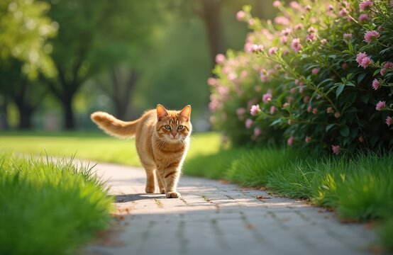Ginger cat walks on paved path near rich green grass and pink flowers. Sunny day in park, feline explores nature, enjoys outdoors. Pet has orange fur and green eyes.