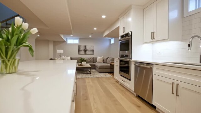 Well Lit Open Concept Basement with White Kitchen and a Staircase