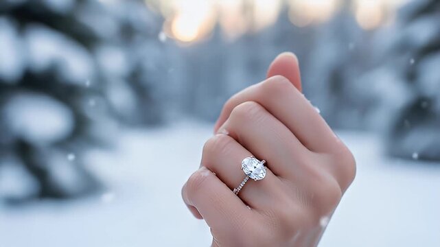 Hand with engagement ring in snowy winter scene, trees blurred in background