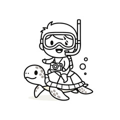 A cartoon diver with a snorkel, goggles, and camera rides a swimming turtle. Two bubbles float in the water near them