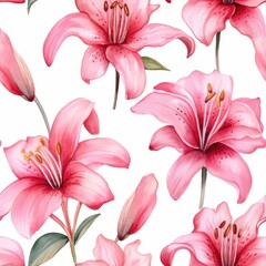 Nahtloses Aquarellmuster mit leuchtend rosa Lilienblüten und Knospen auf weißem Hintergrund. © AnaiChan