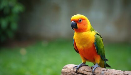 Obraz premium Sun conure parrot, colorful bird with orange yellow green plumage, perches on log branch. Wildlife animal in aviary or zoo, detailed feathers, natural habitat setting.