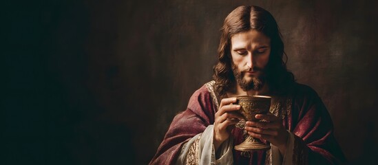 Fototapeta premium Jesus Christ Holding Cup of Wine, Eucharist, Holy Communion, copy space