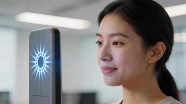 Asian woman using facial recognition system for office security access. Modern biometric technology scans user face identity to grant entry. Digital safe verification.