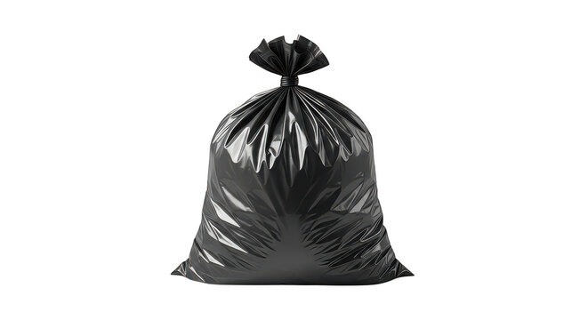 A black trash bag with a tied top isolated on transparent background