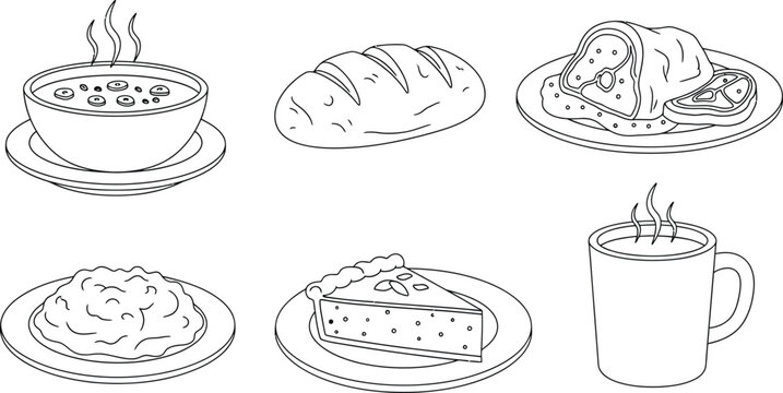 Assortment of common food and hot beverage items depicted in a minimalist line art style suitable for restaurant branding web icons or childrens activities