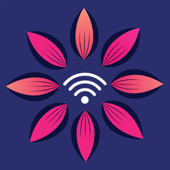 Obraz premium Pink flower petals surrounding white wireless wifi signal icon on dark blue background