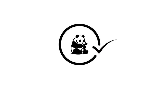 Animated panda logo reveal with black outline circle and checkmark symbol on white background motion graphic