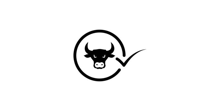 Black bull head logo with check mark inside circle motion graphic