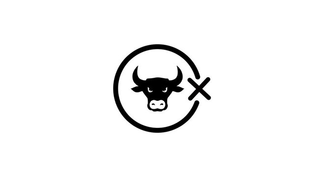 Animated bull head icon, black bull in a circle with a cross mark, motion graphic of a no bull sign