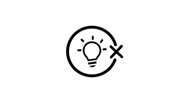 Idea or no idea concept with light bulb icon crossed out and rotating circle graphic motion