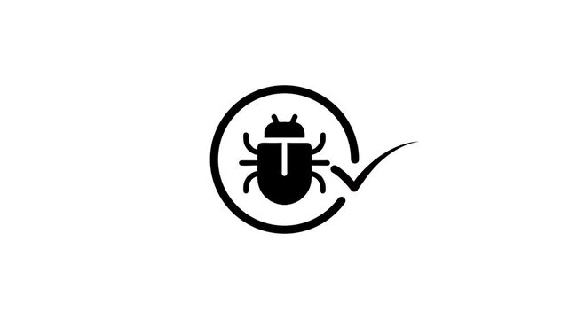 Bug check icon animation on white background, black beetle symbol with rotating circle and checkmark showing completion