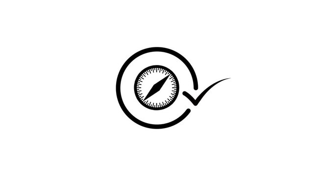 Animated compass icon showing direction with a checkmark, representing navigation success and finding correct path in motion graphic clip