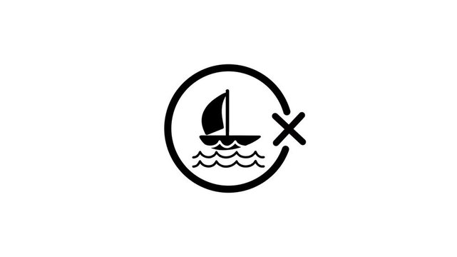 Minimalist black and white animation of sailing boat prohibition sign appearing on white background