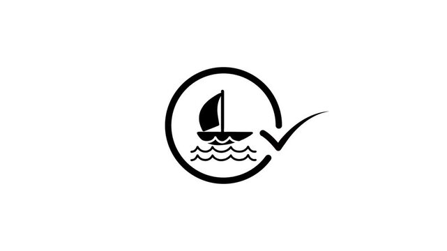 Minimalist black animation of sailboat icon with checkmark symbol appearing in circle on white background