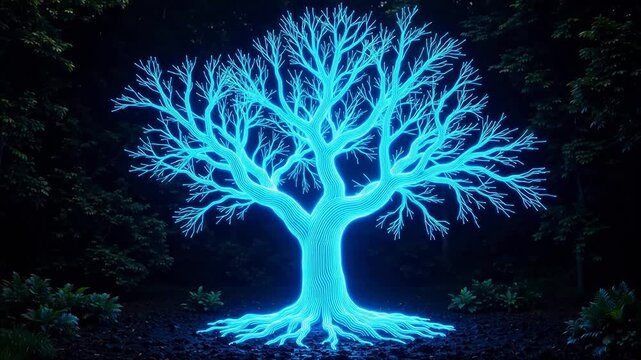 Glowing blue tree in forest