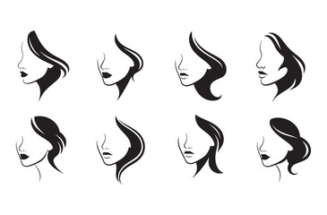 Fototapeta premium Elegant female face line art silhouettes with flowing hair and side profile views suitable for cosmetics branding beauty salon logos and fashion illustration decorative elements