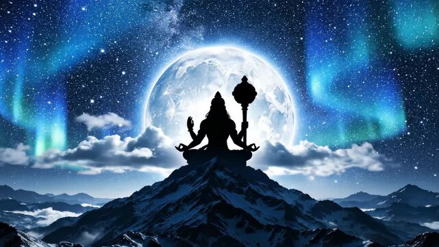 Lord hanuman with gada meditates on a mountain under a full moon and mystical blue aurora sky.
