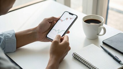 Person analyzing stock market data on smartphone with coffee, notebook, and planner on white desk near window with natural light.