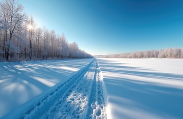Obraz premium Snowy landscape with bare trees lining a snowy path. Fresh tire tracks on open frozen field under bright clear blue sky. Sun casts long shadows across the pristine winter expanse.