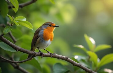 Fototapeta premium European robin perches on a tree branch in soft green foliage. Small bird shows bright orange breast and grey wings. Nature scene with blurred bokeh background.