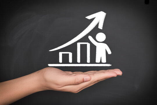 A hand presenting a chalk drawing of a rising graph with a person.