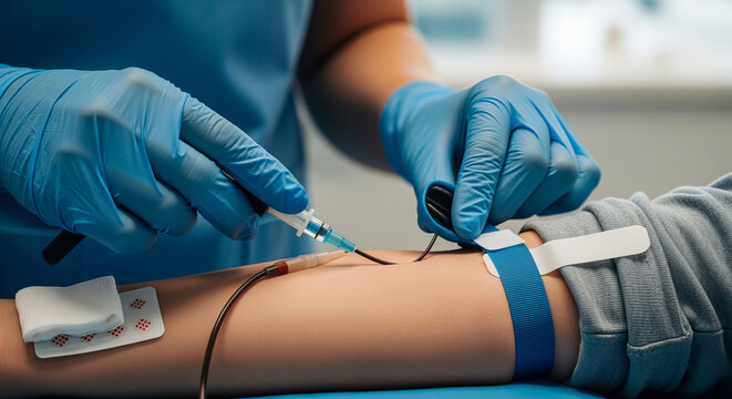 Phlebotomist Skillfully Collecting Blood Sample from Patient s Arm Using Needle for Medical Testing