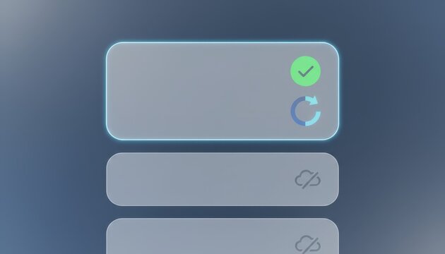 Closeup on a simple list layout of cached articles in a progressive web app offline mode sync status icons clearly visible on focused main article.