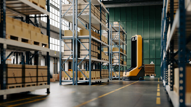 Autonomous mobile robot transporting pallet boxes inside a modern warehouse with tall storage racks and organized logistics system- 3D rendering