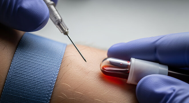 Medical professional performing venipuncture to extract blood sample for viral illness testing
