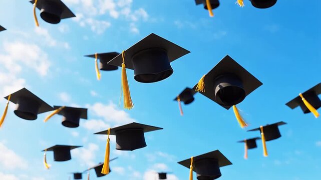 Graduation caps flying in sky