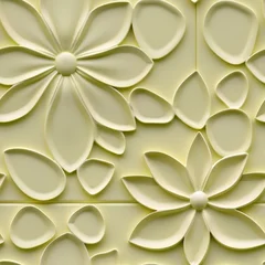 Helle, cremefarbene 3D-Blumenmuster auf strukturierten Fliesen oder Wandpaneelen. © AnaiChan
