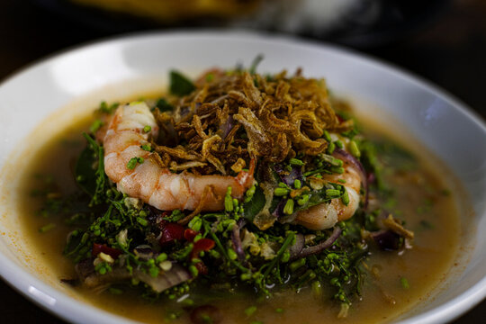 Neem Flower Shrimp Salad On Table